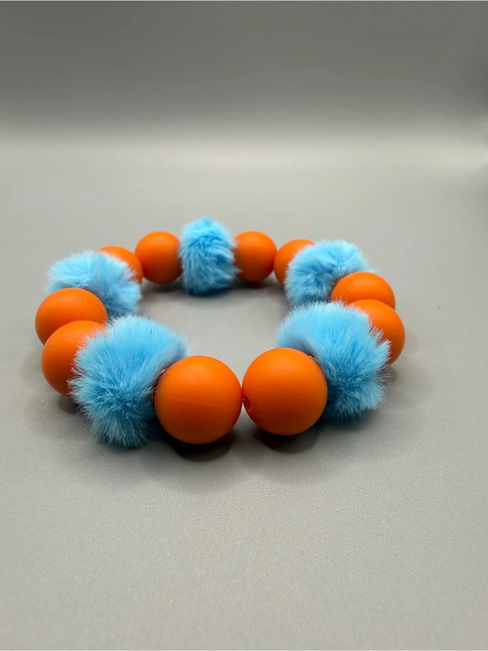 Orange and Light Blue Pom Pom Beaded Keychain Bracelet - Handmade #K0351C